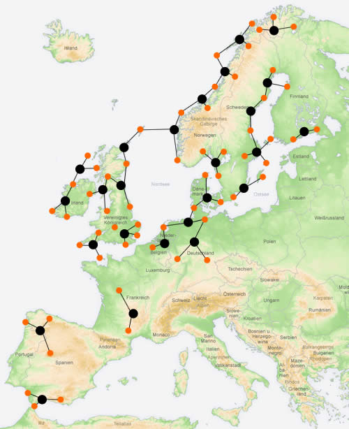 Standorte von Decca-Ketten in Westeuropa. Nach: Decca, Radar en Satellietnavigatie, Hollandia BV, 1986.